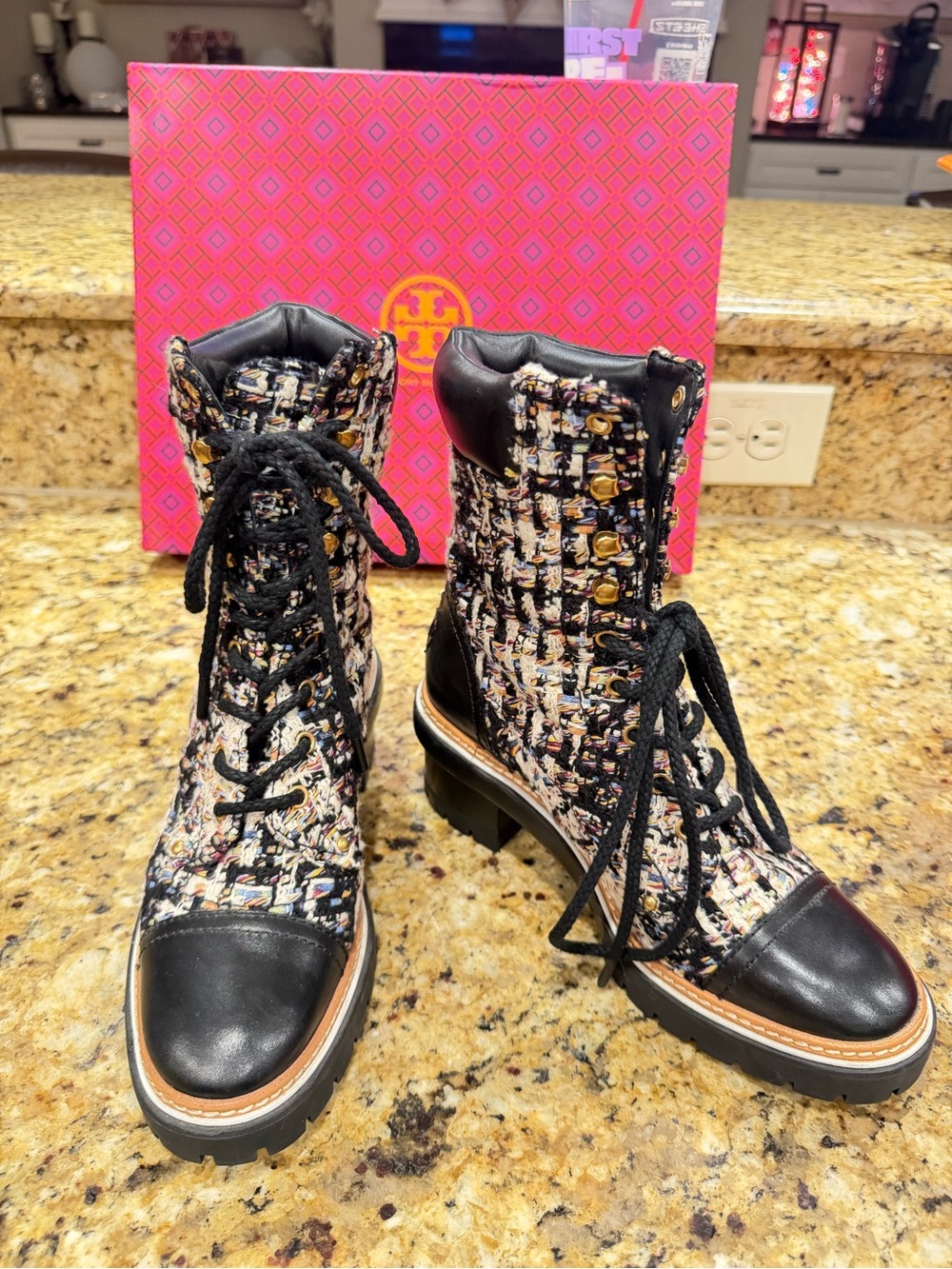 Tory Burch Black Multicolor Tweed Lace-Up Boots, Like New with Box